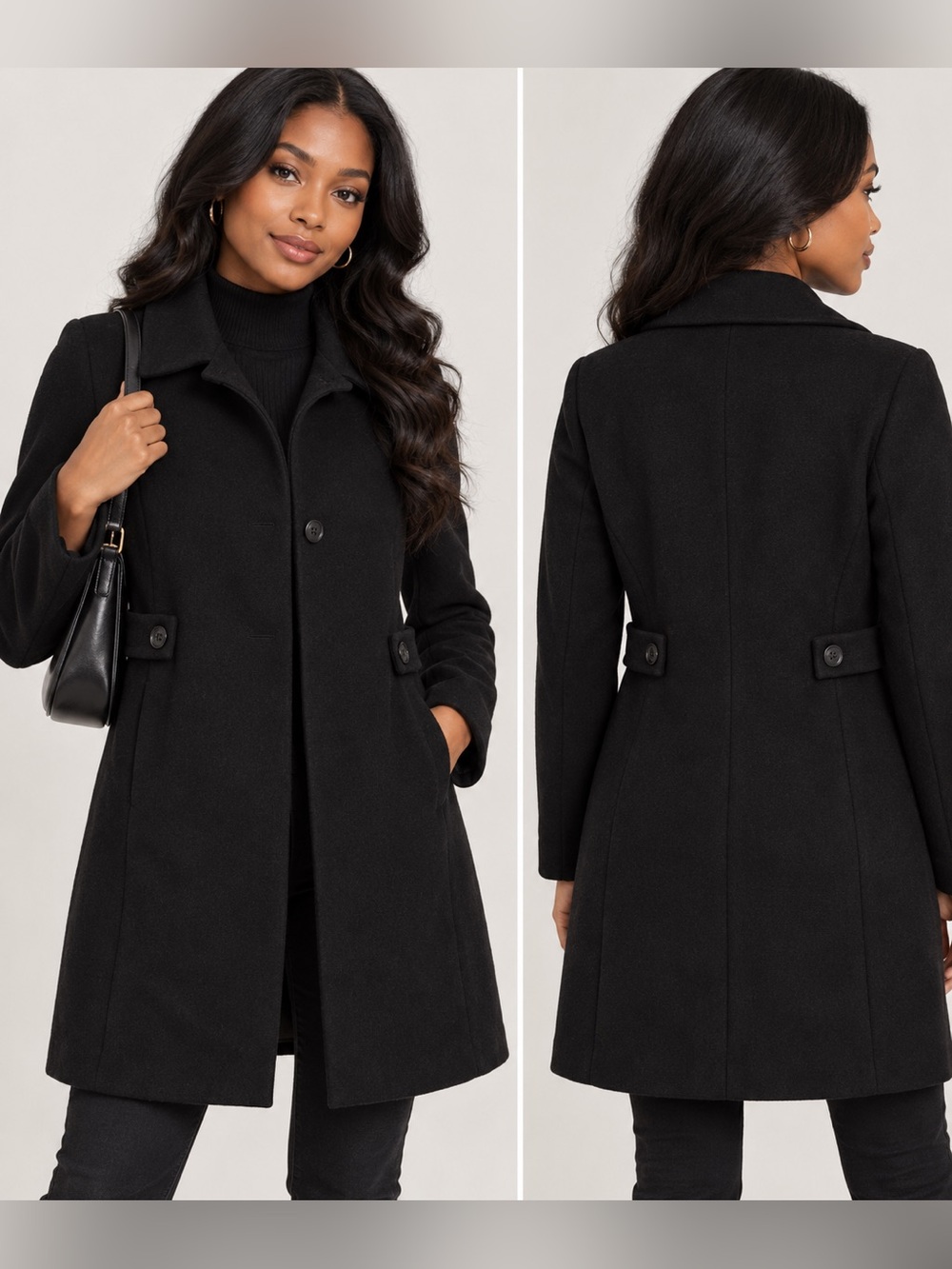 Preston & York 100%wool long basic Black Trench Coat‎ 10